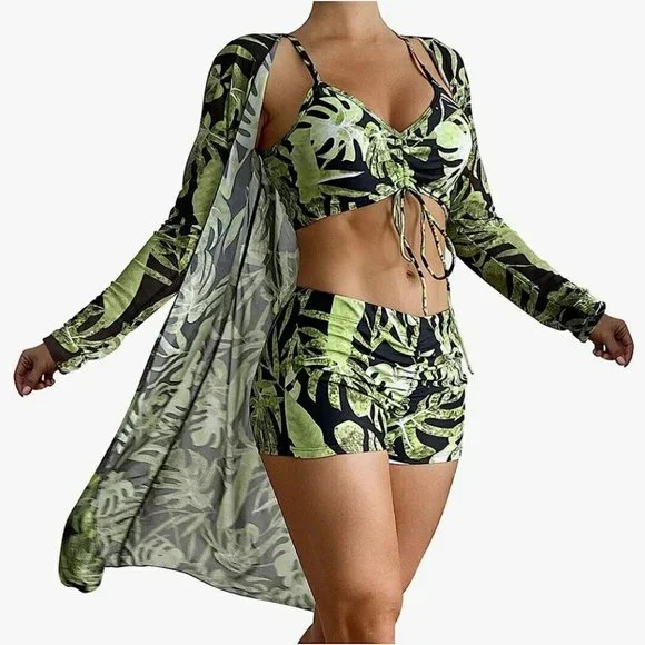 Tummy Control Swimwear, Tropical Print 3-pices Bikini Set in Green Size XL UK 16 - Picture 1 of 5